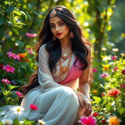 A beautiful Indian goddess Sita sitting gracefully in a lush garden