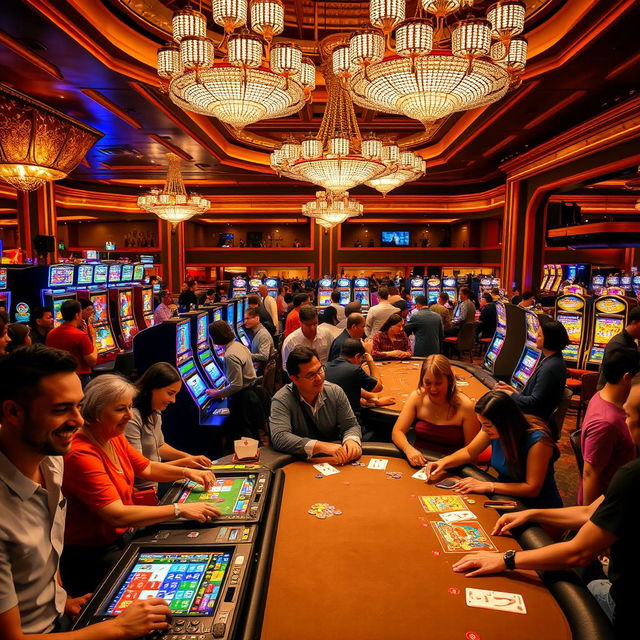 A vibrant and energetic casino scene at night, filled with people of various backgrounds enjoying games at brightly lit slot machines and poker tables