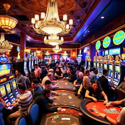 A vibrant and energetic casino scene at night, filled with people of various backgrounds enjoying games at brightly lit slot machines and poker tables