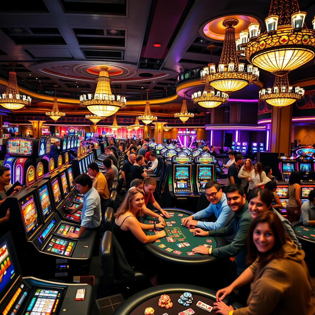 A vibrant and energetic casino scene at night, filled with people of various backgrounds enjoying games at brightly lit slot machines and poker tables