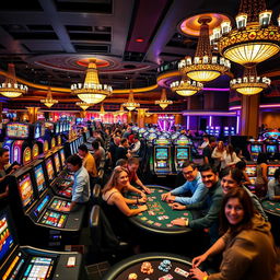 A vibrant and energetic casino scene at night, filled with people of various backgrounds enjoying games at brightly lit slot machines and poker tables