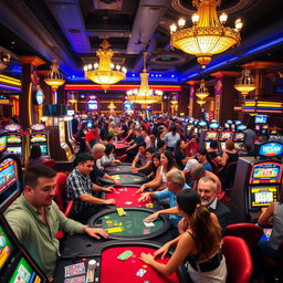 A vibrant and energetic casino scene at night, filled with people of various backgrounds enjoying games at brightly lit slot machines and poker tables