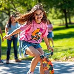 An 18-year-old girl riding a skateboard with an energetic and playful expression