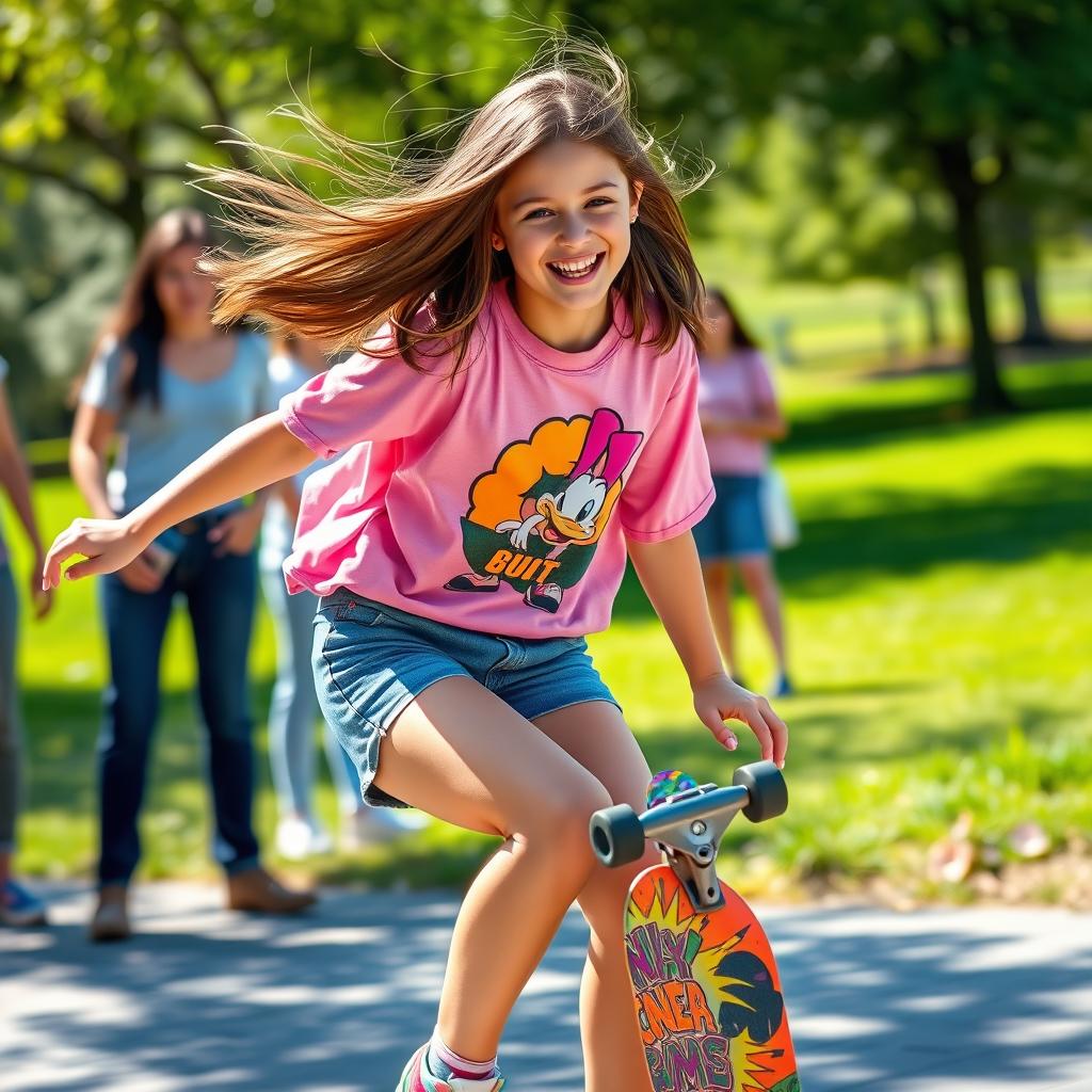 An 18-year-old girl riding a skateboard with an energetic and playful expression