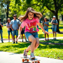 An 18-year-old girl riding a skateboard with an energetic and playful expression