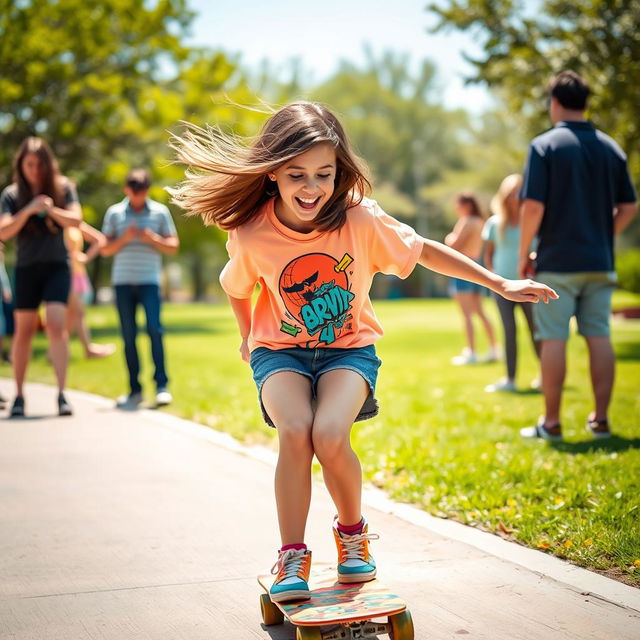 An 18-year-old girl riding a skateboard with an energetic and playful expression