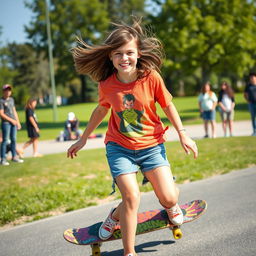 An 18-year-old girl riding a skateboard with an energetic and playful expression