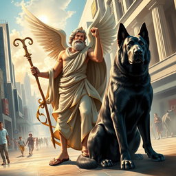 A striking depiction of Hermes, the Greek god of commerce and messenger of the gods, seamlessly blended into a contemporary human world setting