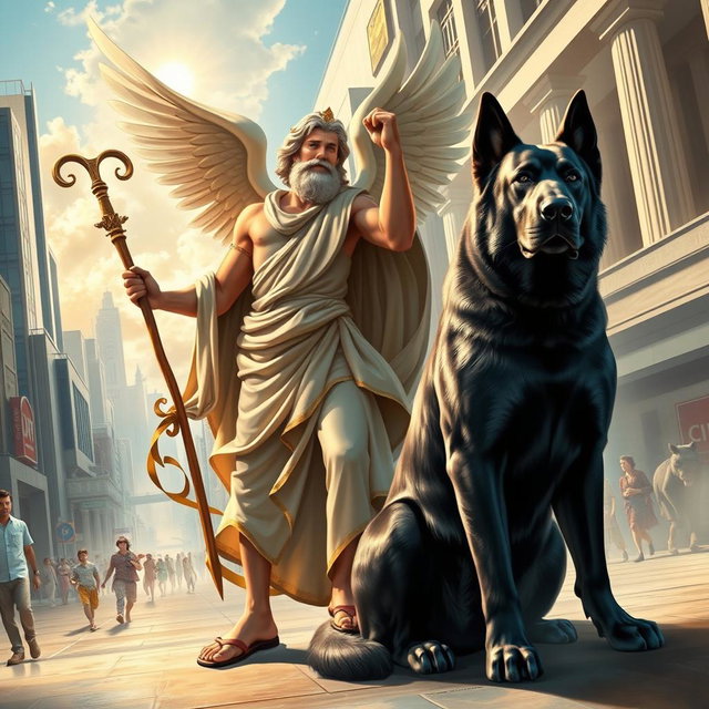 A striking depiction of Hermes, the Greek god of commerce and messenger of the gods, seamlessly blended into a contemporary human world setting
