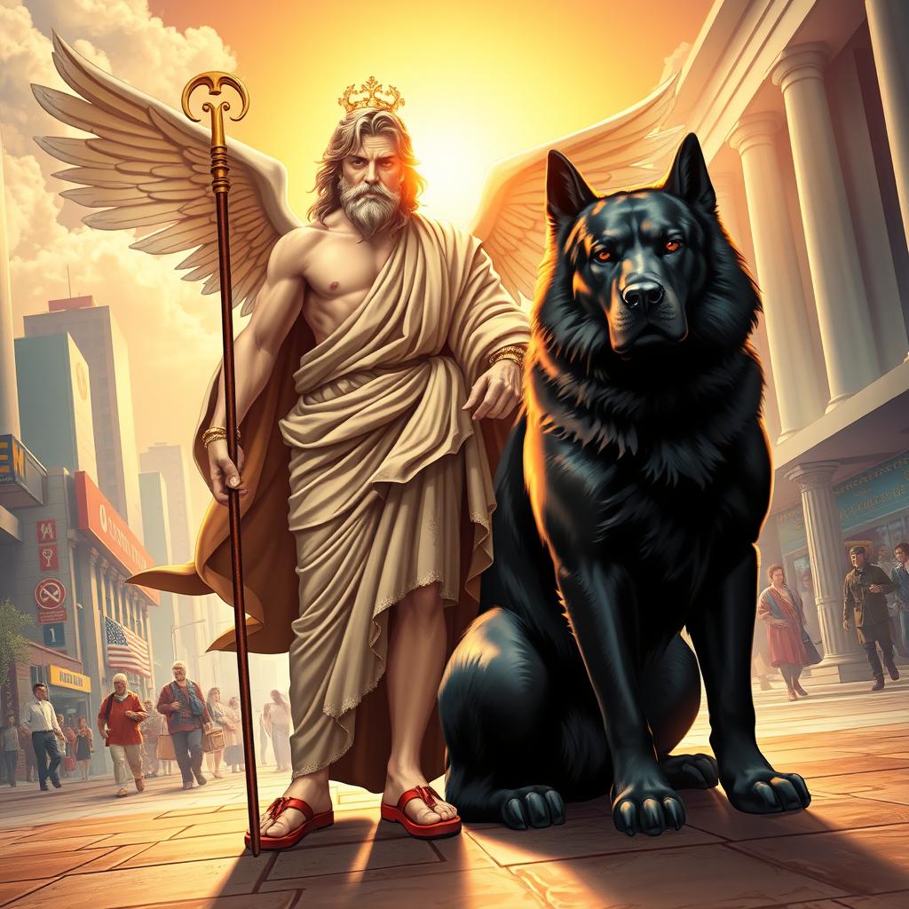 A striking depiction of Hermes, the Greek god of commerce and messenger of the gods, seamlessly blended into a contemporary human world setting
