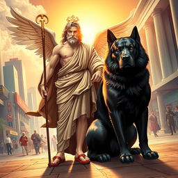 A striking depiction of Hermes, the Greek god of commerce and messenger of the gods, seamlessly blended into a contemporary human world setting