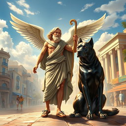 A striking depiction of Hermes, the Greek god of commerce and messenger of the gods, seamlessly blended into a contemporary human world setting