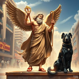 A striking depiction of Hermes, the Greek god of commerce and messenger of the gods, seamlessly blended into a contemporary human world setting