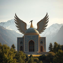 A stunning mausoleum shaped like a phoenix with its wings majestically outstretched, designed in an intricate Iranian-Islamic architectural style