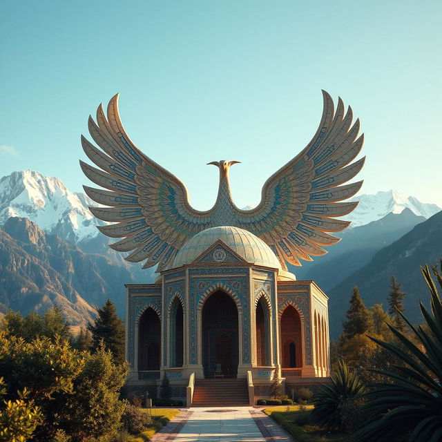 A stunning mausoleum shaped like a phoenix with its wings majestically outstretched, designed in an intricate Iranian-Islamic architectural style