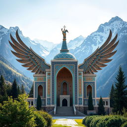 A stunning mausoleum shaped like a phoenix with its wings majestically outstretched, designed in an intricate Iranian-Islamic architectural style