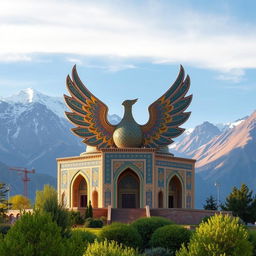 A stunning mausoleum shaped like a phoenix with its wings majestically outstretched, designed in an intricate Iranian-Islamic architectural style