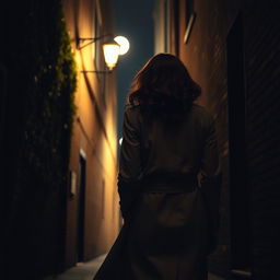 The back view of a woman with dark red curls, gracefully walking through a dimly lit alley at night