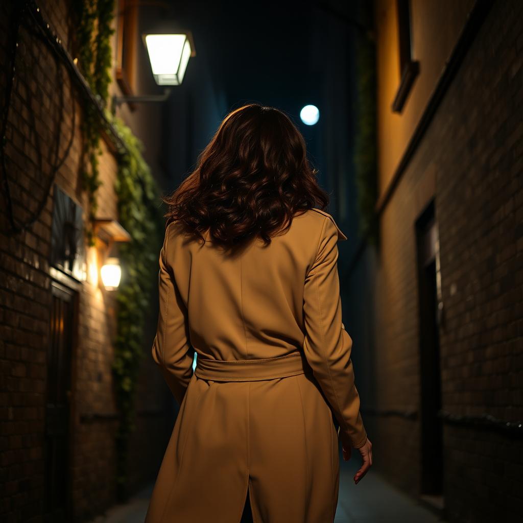 The back view of a woman with dark red curls, gracefully walking through a dimly lit alley at night