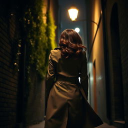 The back view of a woman with dark red curls, gracefully walking through a dimly lit alley at night