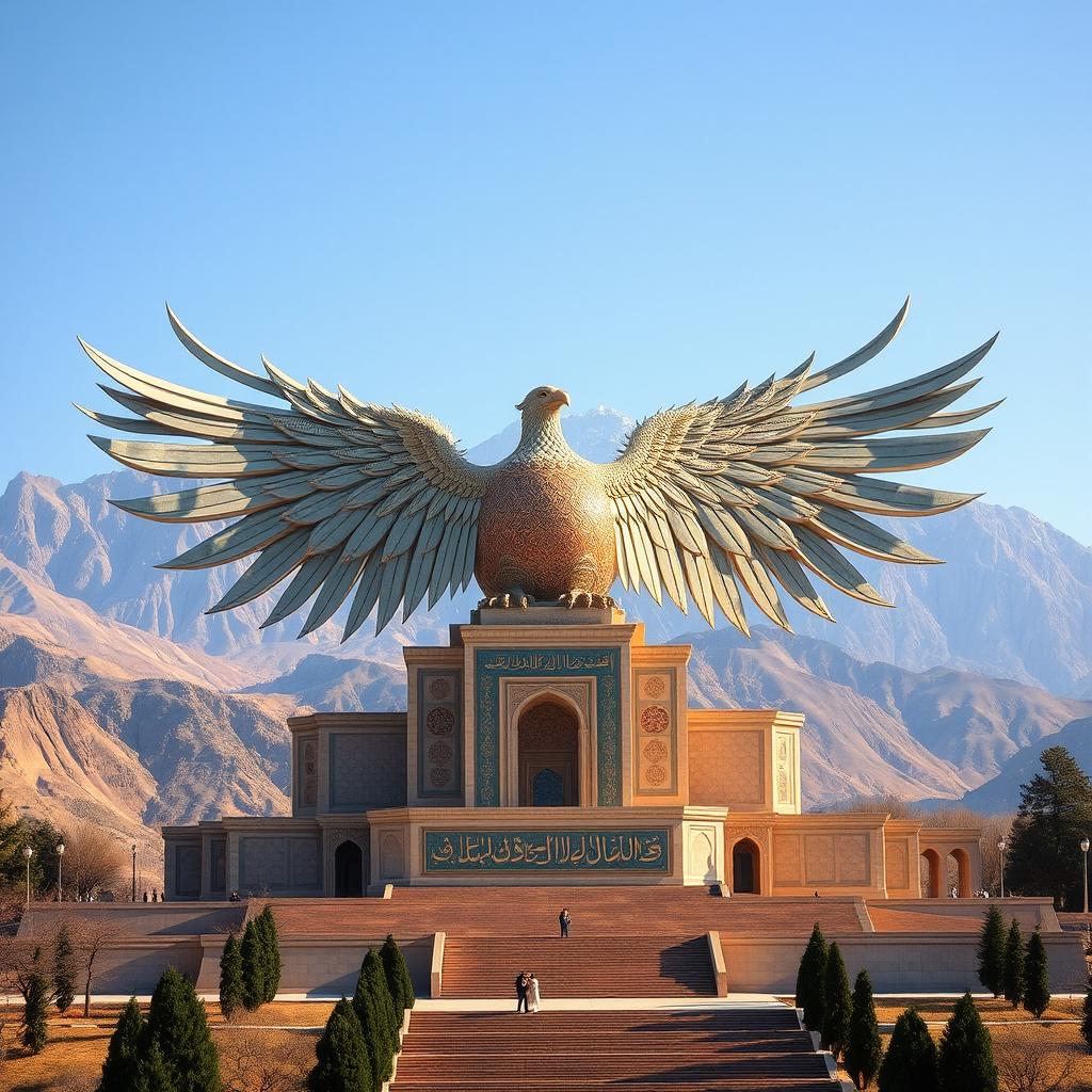 A magnificent mausoleum in the shape of a phoenix with its wings dramatically outstretched, serving as a burial place for national martyrs