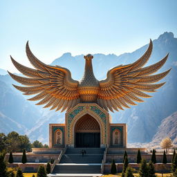 A magnificent mausoleum in the shape of a phoenix with its wings dramatically outstretched, serving as a burial place for national martyrs