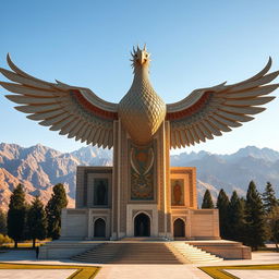 A magnificent mausoleum in the shape of a phoenix with its wings dramatically outstretched, serving as a burial place for national martyrs