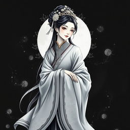 A stunning artistic representation of Chang'e, the Chinese moon goddess, elegantly dressed in traditional flowing robes