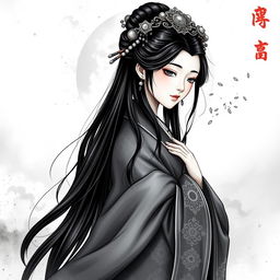 A stunning artistic representation of Chang'e, the Chinese moon goddess, elegantly dressed in traditional flowing robes