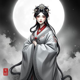 A stunning artistic representation of Chang'e, the Chinese moon goddess, elegantly dressed in traditional flowing robes