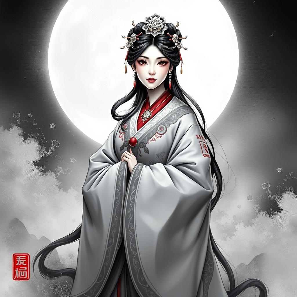 A stunning artistic representation of Chang'e, the Chinese moon goddess, elegantly dressed in traditional flowing robes