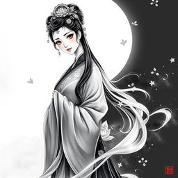 A stunning artistic representation of Chang'e, the Chinese moon goddess, elegantly dressed in traditional flowing robes
