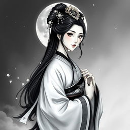 A stunning artistic representation of Chang'e, the Chinese moon goddess, elegantly dressed in flowing robes in shades of black and white