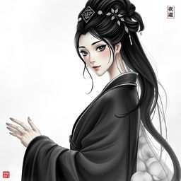A stunning artistic representation of Chang'e, the Chinese moon goddess, elegantly dressed in flowing robes in shades of black and white