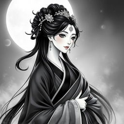 A stunning artistic representation of Chang'e, the Chinese moon goddess, elegantly dressed in flowing robes in shades of black and white