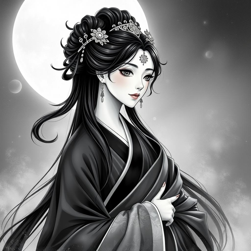 A stunning artistic representation of Chang'e, the Chinese moon goddess, elegantly dressed in flowing robes in shades of black and white