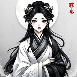 A stunning artistic representation of Chang'e, the Chinese moon goddess, elegantly dressed in flowing robes in shades of black and white