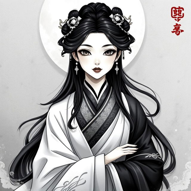 A stunning artistic representation of Chang'e, the Chinese moon goddess, elegantly dressed in flowing robes in shades of black and white