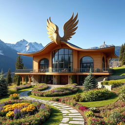 A serene mountain retreat designed with architecture inspired by the majestic phoenix