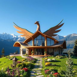 A serene mountain retreat designed with architecture inspired by the majestic phoenix