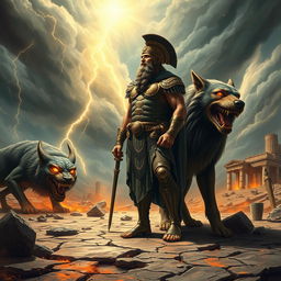 A Greek god clad in ornate armor and a majestic helmet, standing tall amidst a desolate landscape on Earth, symbolizing the destruction of Olympia