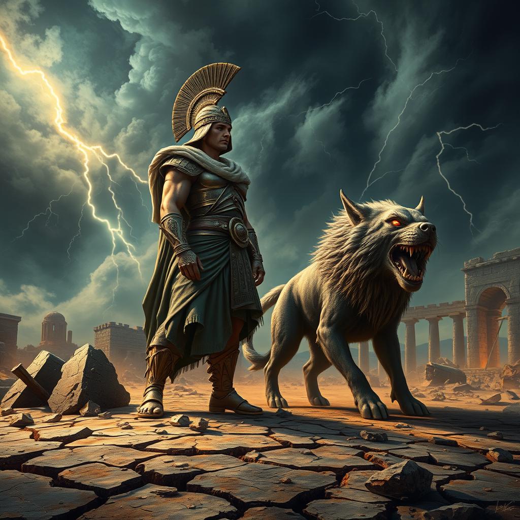 A Greek god clad in ornate armor and a majestic helmet, standing tall amidst a desolate landscape on Earth, symbolizing the destruction of Olympia