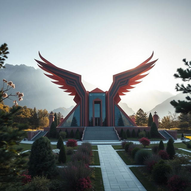 The mausoleum of an Iranian hero, situated in the breathtaking mountains, featuring architecture inspired by the phoenix in a striking postmodern style