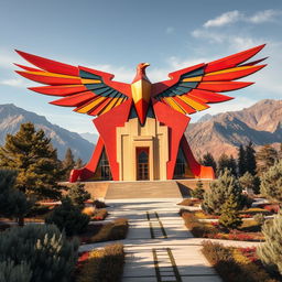 The mausoleum of an Iranian hero, situated in the breathtaking mountains, featuring architecture inspired by the phoenix in a striking postmodern style