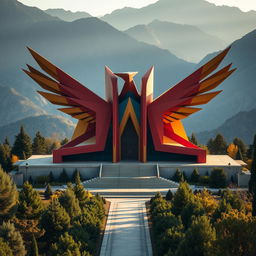 The mausoleum of an Iranian hero, situated in the breathtaking mountains, featuring architecture inspired by the phoenix in a striking postmodern style