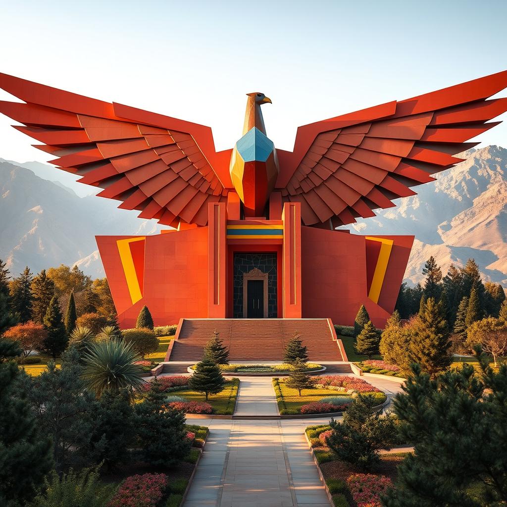 The mausoleum of an Iranian hero, situated in the breathtaking mountains, featuring architecture inspired by the phoenix in a striking postmodern style