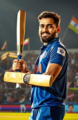 Rohit Sharma, the successful captain of the Indian cricket team, is depicted in an inspiring portrait