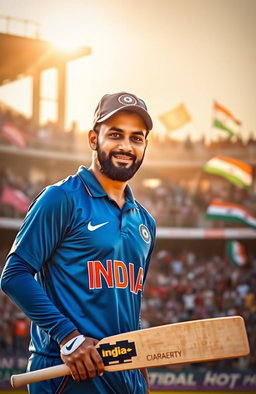 Rohit Sharma, the successful captain of the Indian cricket team, is depicted in an inspiring portrait