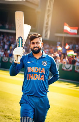 Rohit Sharma, the successful captain of the Indian cricket team, is depicted in an inspiring portrait