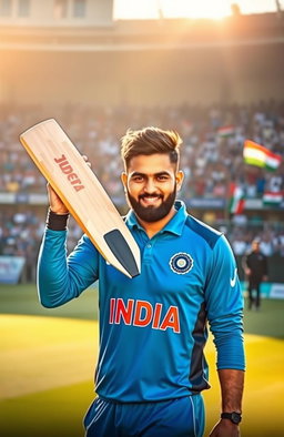 Rohit Sharma, the successful captain of the Indian cricket team, is depicted in an inspiring portrait